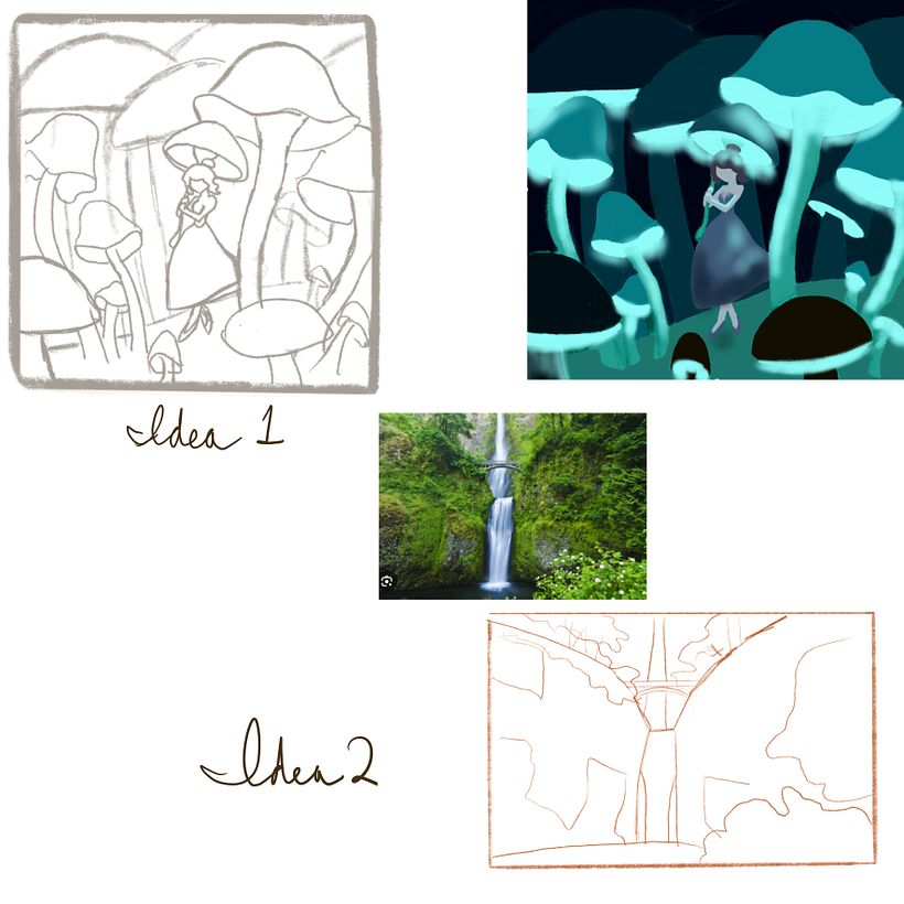 My first idea was to make a scene of a little mushroom fairy, but then I decided to do a waterfall