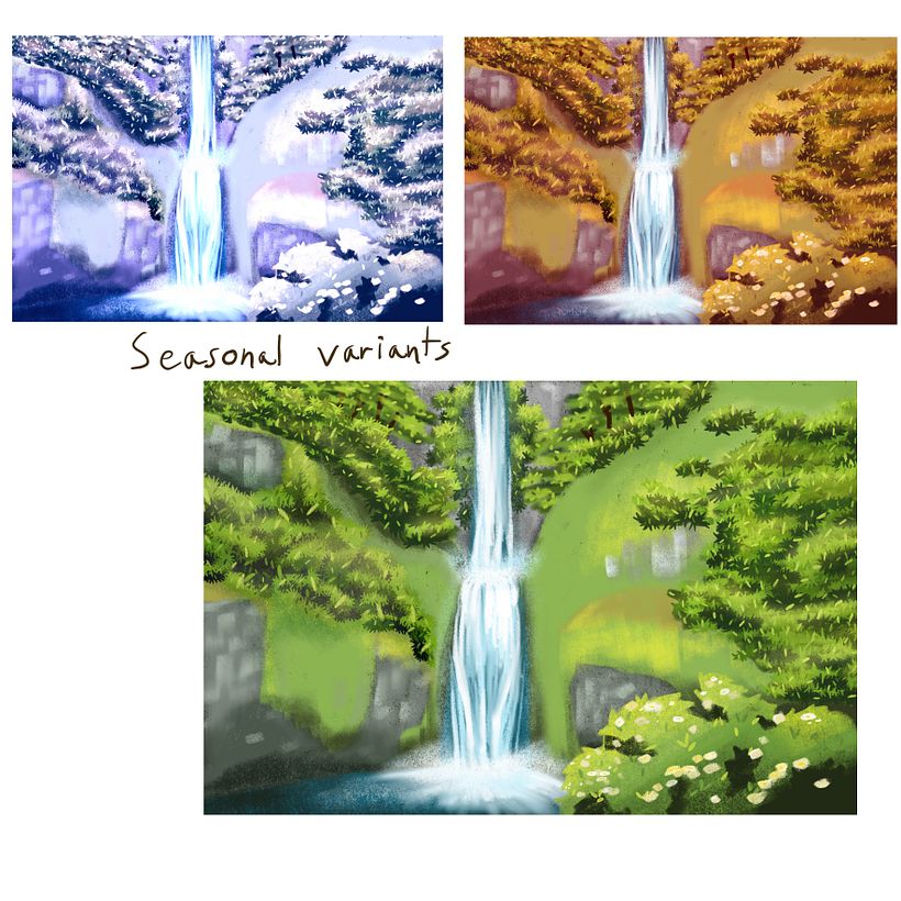 Lastly, I was messing around with the color drop in procreate, and created different seasons for the same scene