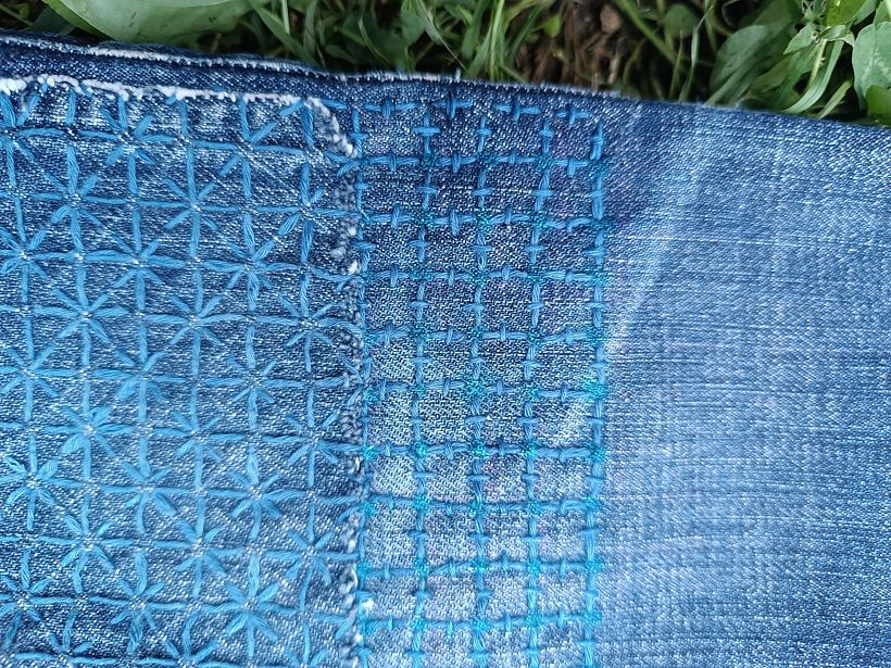 I started out with a sashiko jeans patch on both legs to cover the holes. 