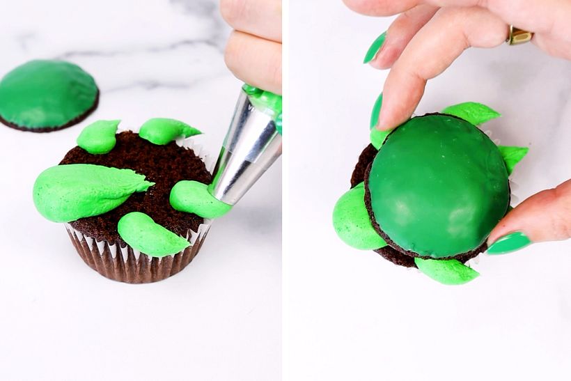 Adding the turtles head, legs, and tail with green buttercream, and placing the shell back on.