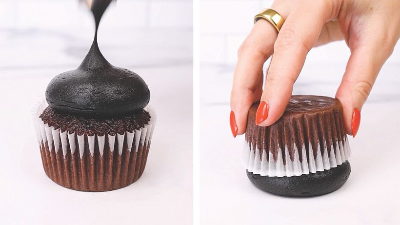 First, I made a flat base of black buttercream by flipping the cupcake upside down onto parchment paper...