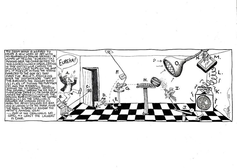 PROMPT: Draw a machine in the style of Rube Goldberg