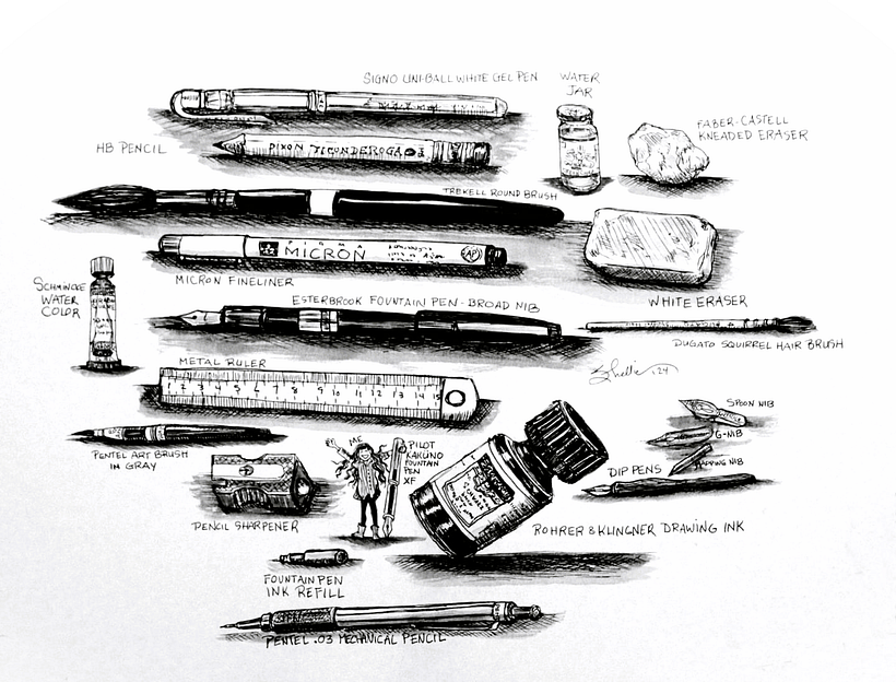 My drawing supplies, expanded (and Copic marker added for shadows)