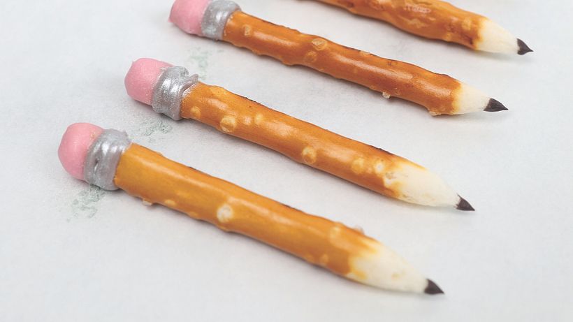 Completely edible pretzel stick pencils. Perfect decorations for Back To School treats.