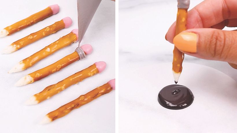 Adding eraser details and a black "graphite" point with candy melting wafers (or colored chocolate)
