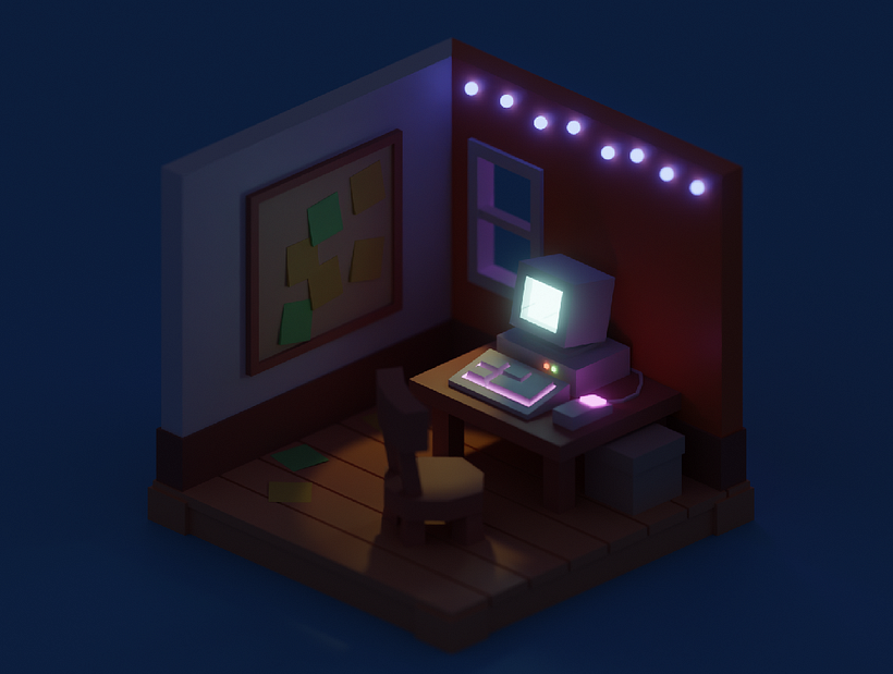Playing with lighting using the office Blender file. This was fun and helped me understand how to make object emit light..