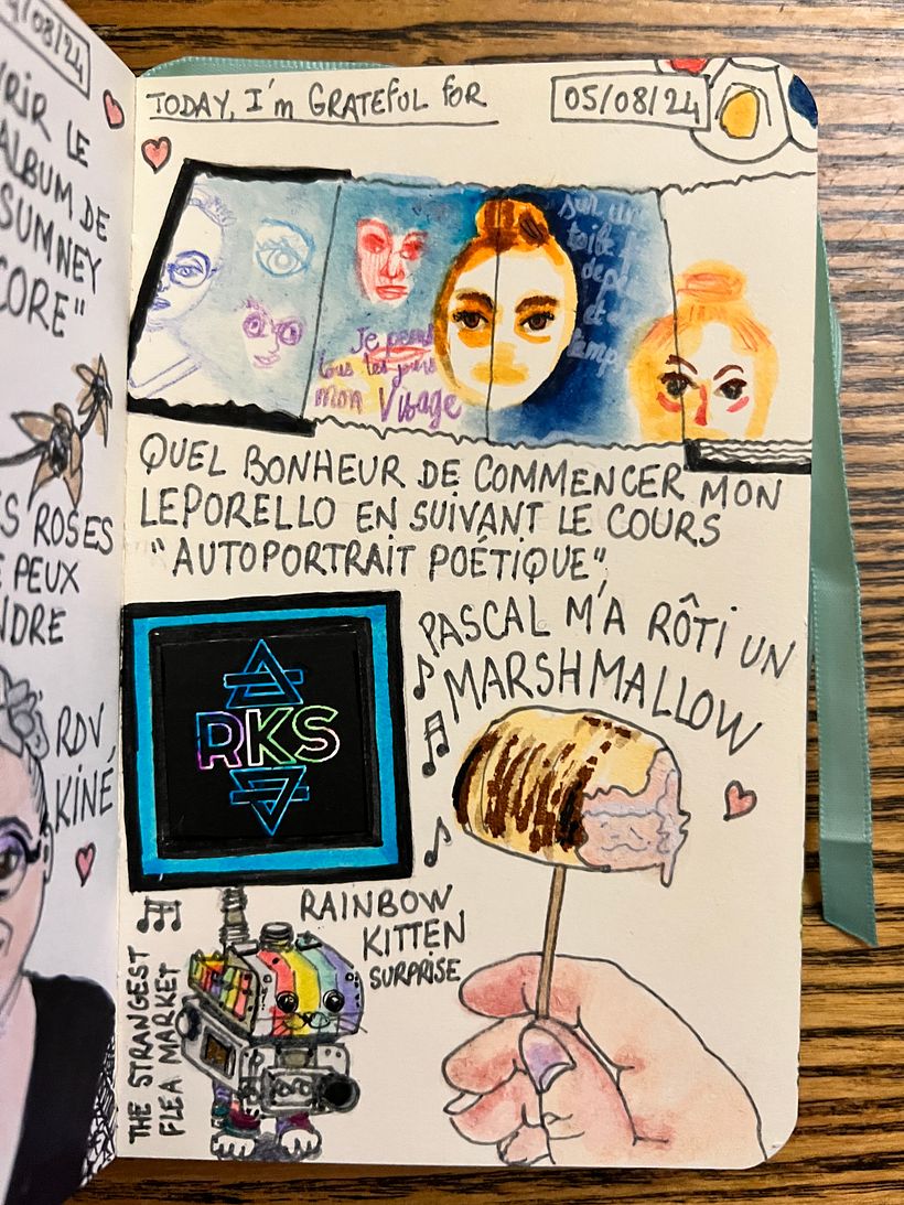 Very happy to begin a self-portrait and poetry Leporello sketchbook <3 New music, and roasted Marshmallow.