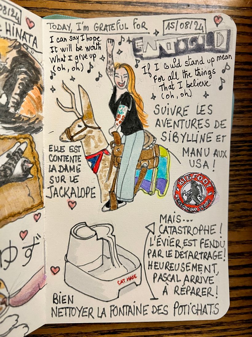 Friends Sib and Manu tour the USA and she rides on a Jackalope. We clean the Cat Mate fountain but our old sink breaks !