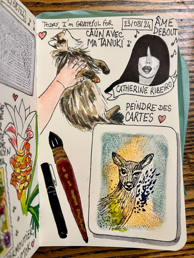 Cuddles on the bed with my fluffy princess Tanuki <3 RIP Catherine Ribeiro... I paint cards inspired by Animal Totems