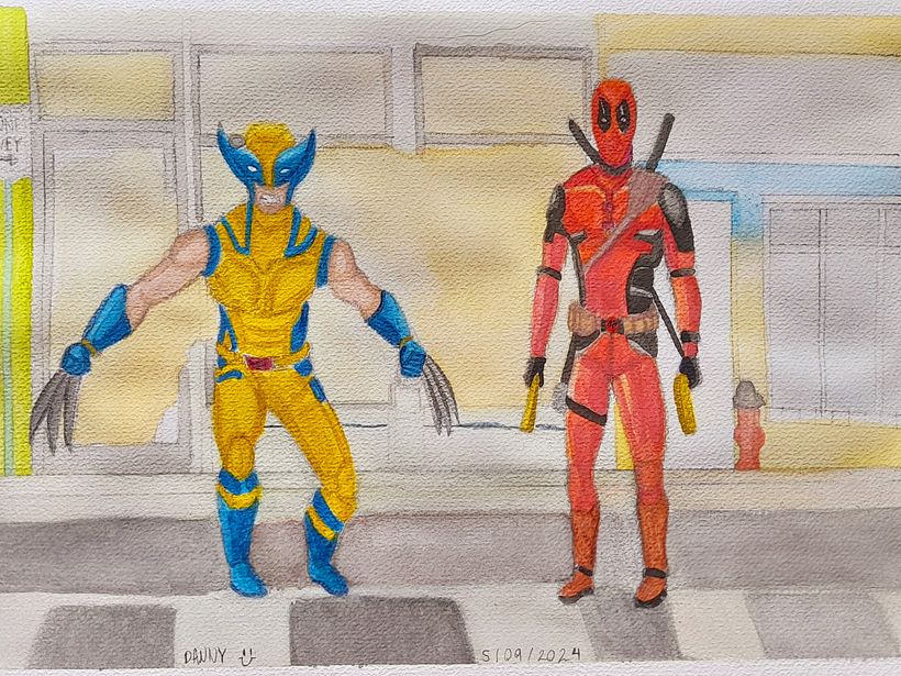Dibujo finalizado de la escena de Deadpool y Wolverine 