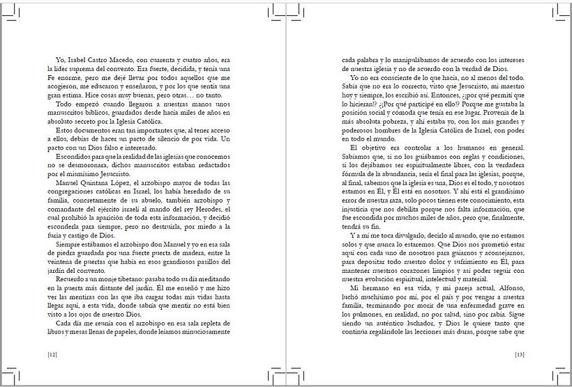 Maquetación páginas del libro en papel, con marcas de corte y sangrado. El renacer de los infieles, Clic Maquetación 