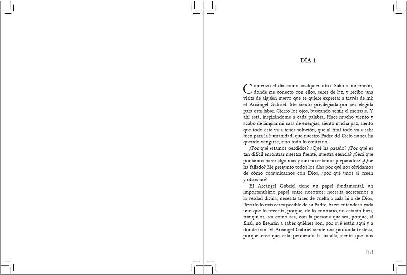 Maquetación páginas del libro en papel, con marcas de corte y sangrado. El renacer de los infieles, Clic Maquetación 