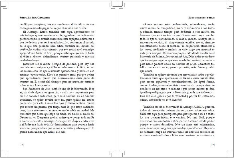 Maquetación páginas del libro en papel, con marcas de corte y sangrado. El renacer de los infieles, Clic Maquetación 
