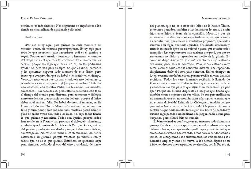 Maquetación páginas del libro en papel, con marcas de corte y sangrado. El renacer de los infieles, Clic Maquetación 