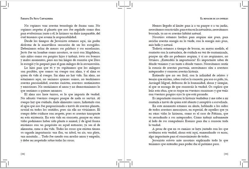 Maquetación páginas del libro en papel, con marcas de corte y sangrado. El renacer de los infieles, Clic Maquetación 