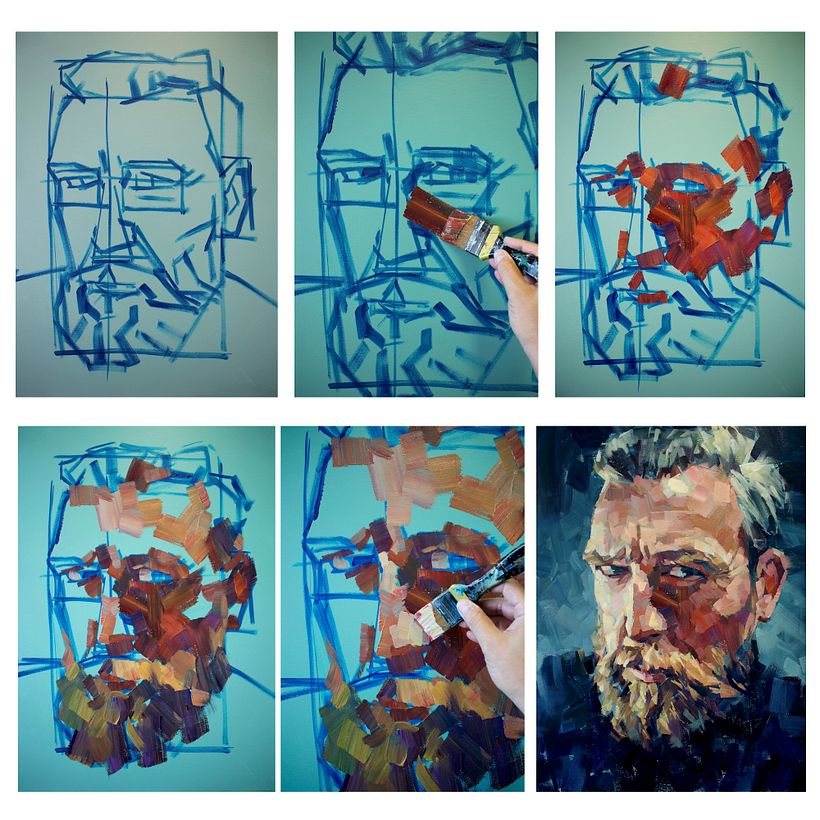 Ricky's Portrait, step by step, acrylic on canvas