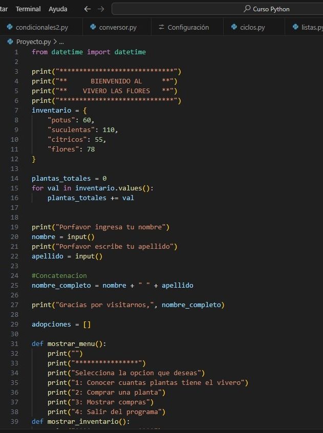 Mi proyecto del curso: Introducción a la programación con Python // VIVERO 1
