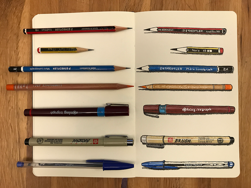 Staedtler pencils, Caran d'Ache pencil crayon, Rotring Isograph, Pigma Micron brush pen and blue Bic Biro