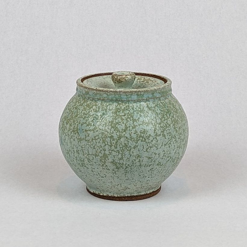 Lidded jar in seafoam glaze.