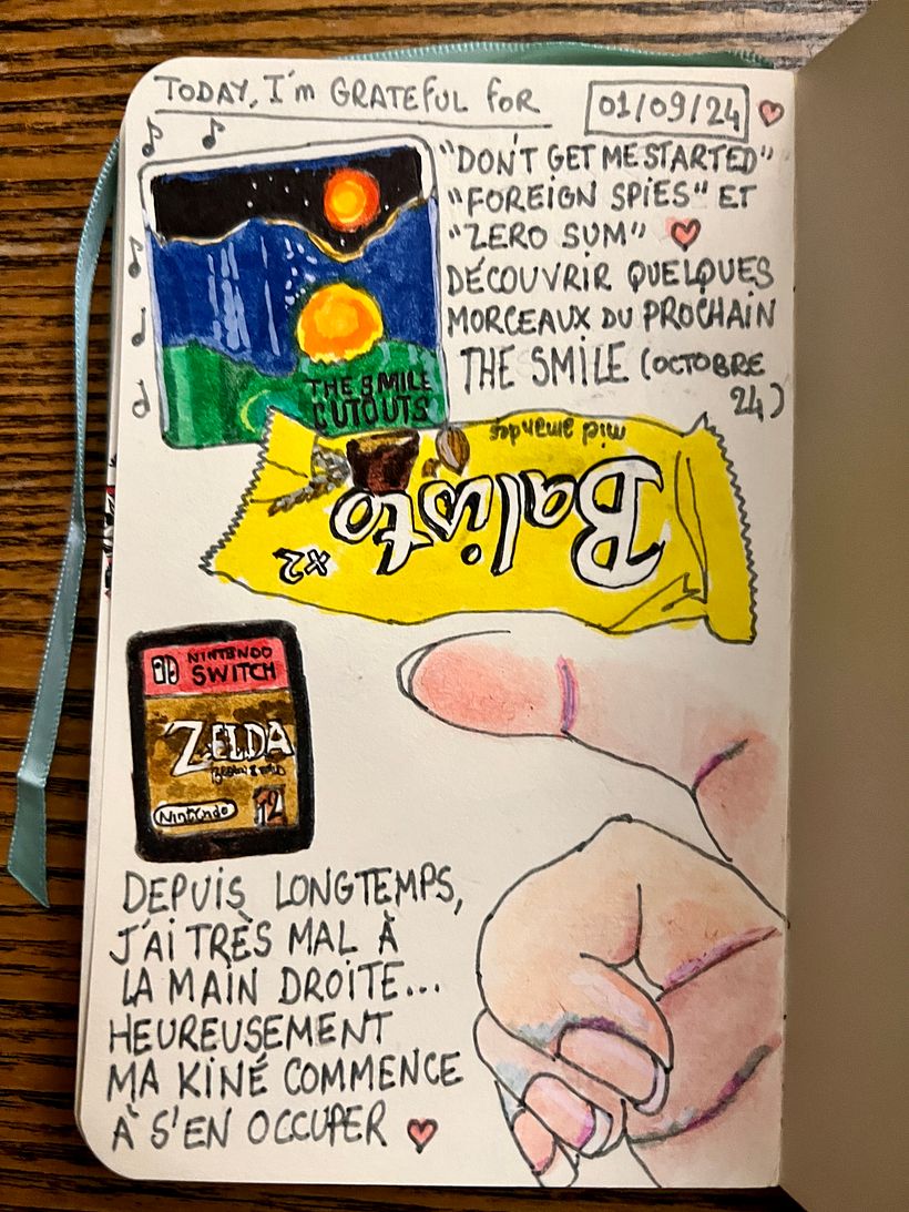 Nuove canzoni dei The Smile, gioco a Zelda BOTW, mangio i dolcetti dell'infanzia, la mano dolorante viene curata dal terapista.