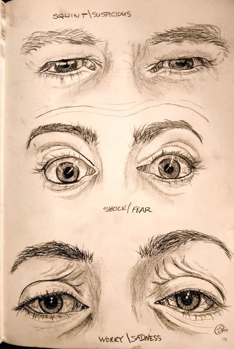 Pencil drawings of different emotions, conveyed by the eyes