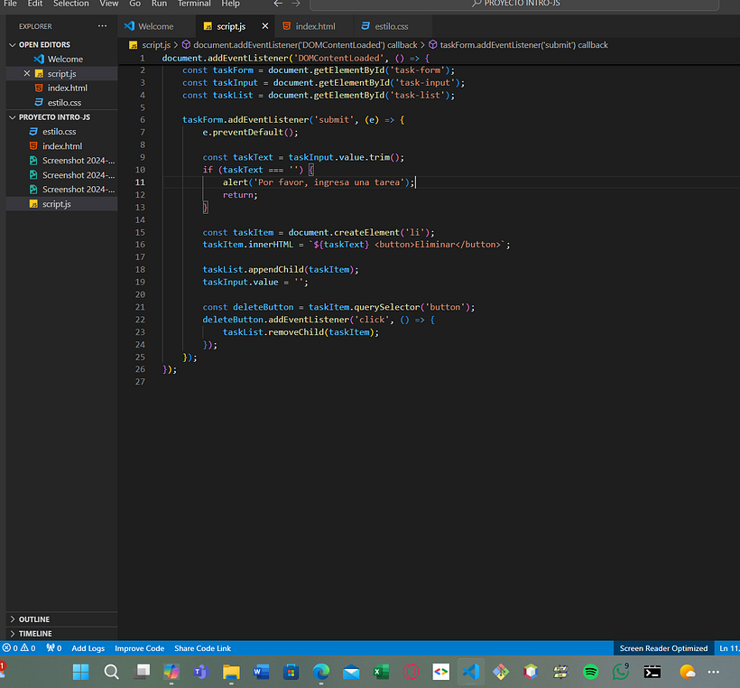 3- Despues de agregar los colores y las formas con CSS creamos un tercer archivo para contener el codigo javascript para la