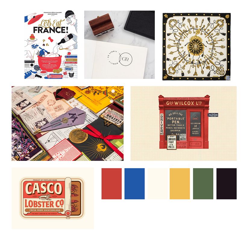 I love the vintage packaging and storefront design and the decorative style of a silk scarf. Primary is simple and colourful,