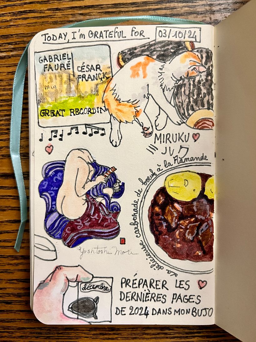 Beautiful music, our beloved cat napping next to me, making BUJO pages, tasting our slow cooked wonderful Belgian recipe