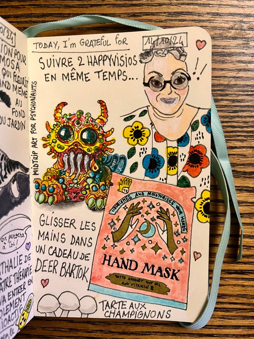 Wearing a happy shirt, putting on gloves for hand masks, finding lovely AI creatures, making mushroom pie