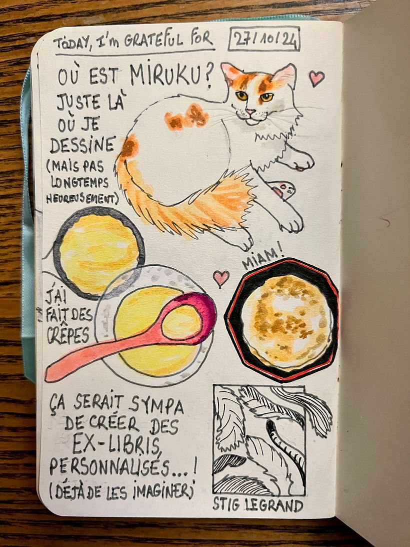 Now it is Miruku who lay in my drawing place - Making pancakes <3 Seeing beautiful ex-libris and wanting to make mines