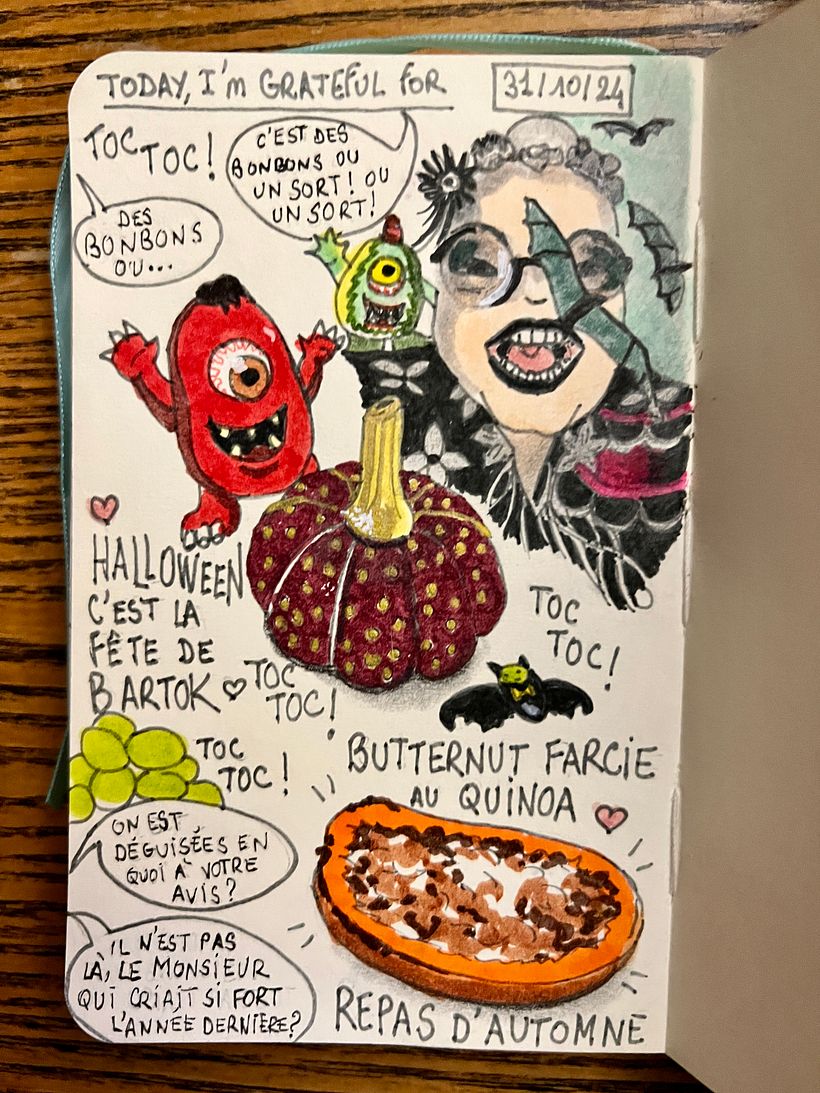 Halloween at home with a mysterious present from my friend Deer Bartok. Baking stuffed butternut on the oven.