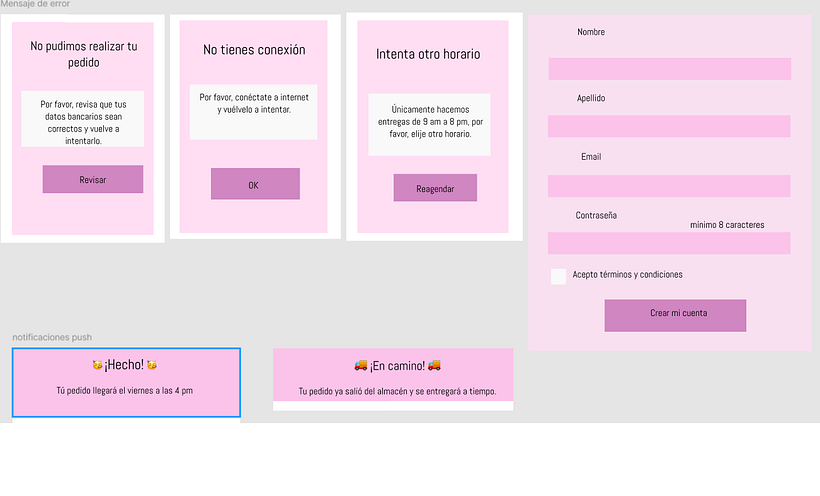 Mensajes de error, pantalla de creación de cuenta y notificaciones push.