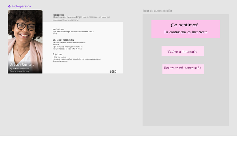 Proto-persona y pantalla de error de autenticación