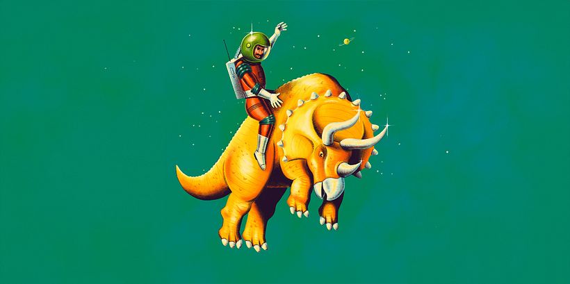 Ilustración de un astronauta montando un triceratops