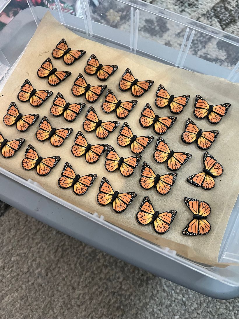Here are a bunch of tiny butterflies assembled from slices of the clay cane