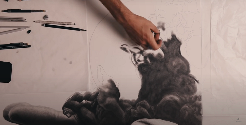 Beginning stages of the drawing - outlining and blocking in colour.