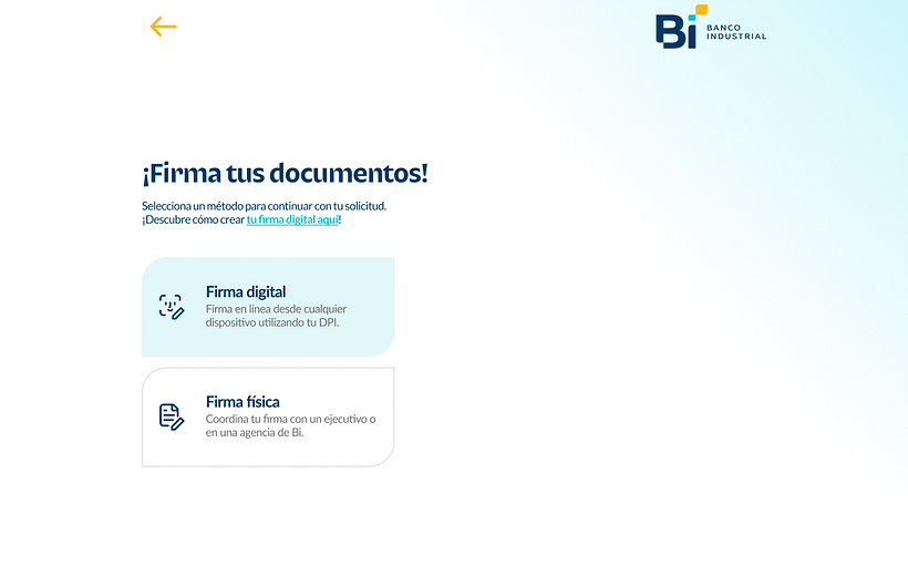 Pantalla principal selección de firma, onboarding