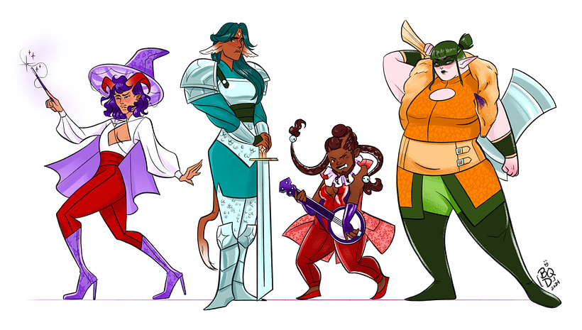 A four character lineup based on the prompt “adventurer”