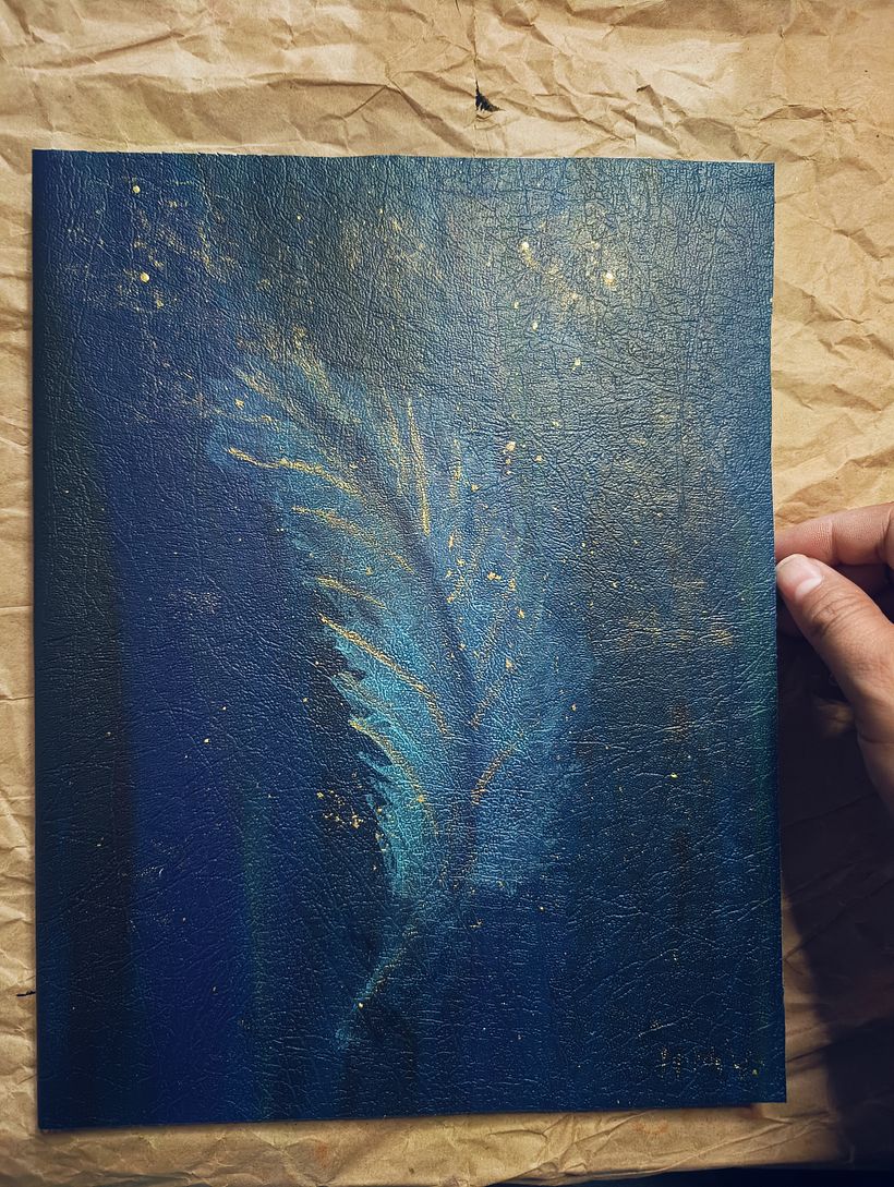 La portada es una pluma turquesa que es el nombre de mi obra