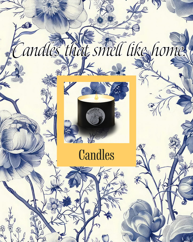 Image of a burning scented candle inside a polaroid shape frame on a blue and white floral background
