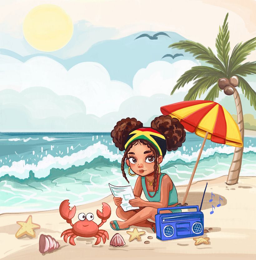 Jamaikanisches Mädchen am Strand – Buchfigur 1