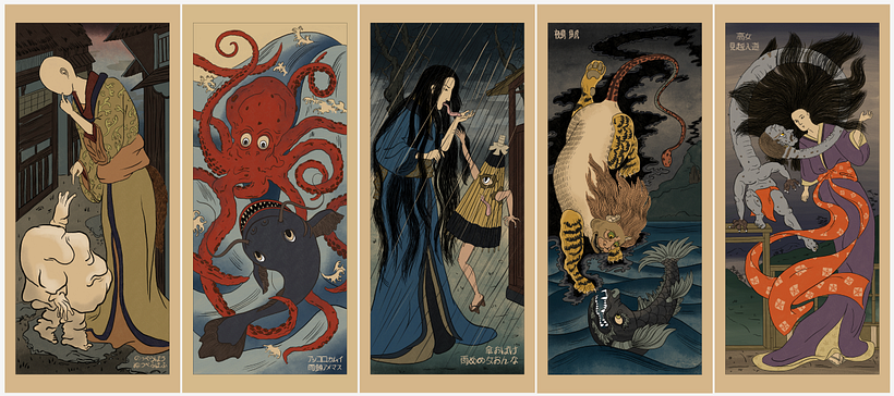 Unexpected encounters: series of silk prints based on japanese mythology 1