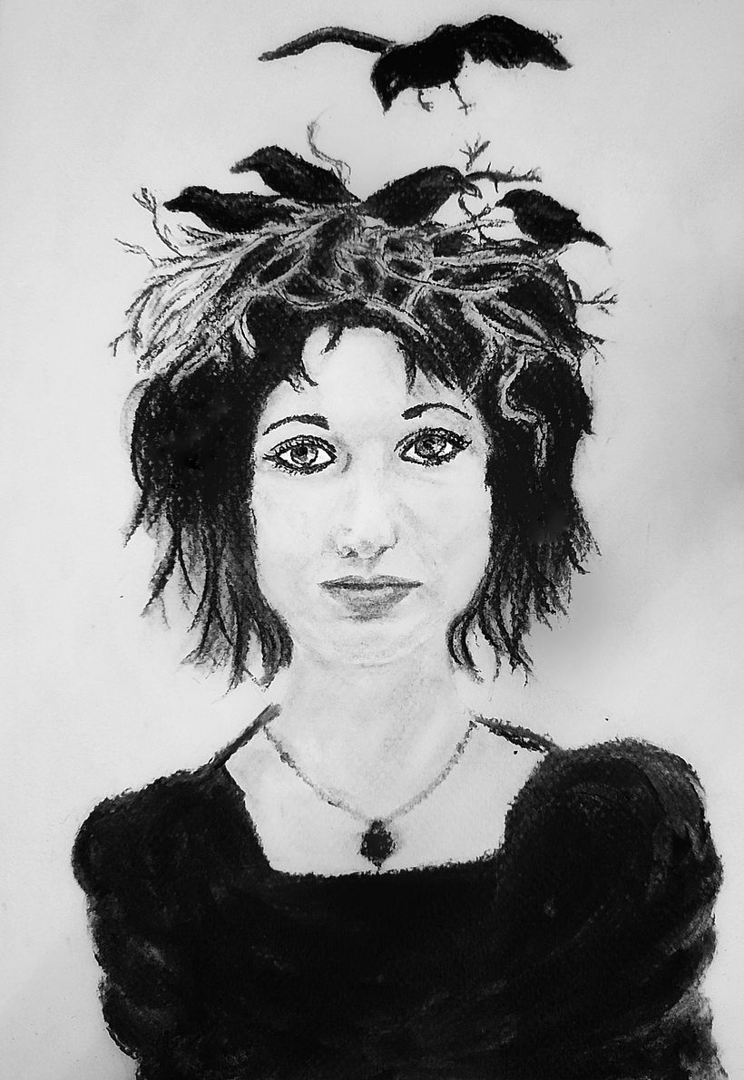 Self portrait with crows in charcoal  1