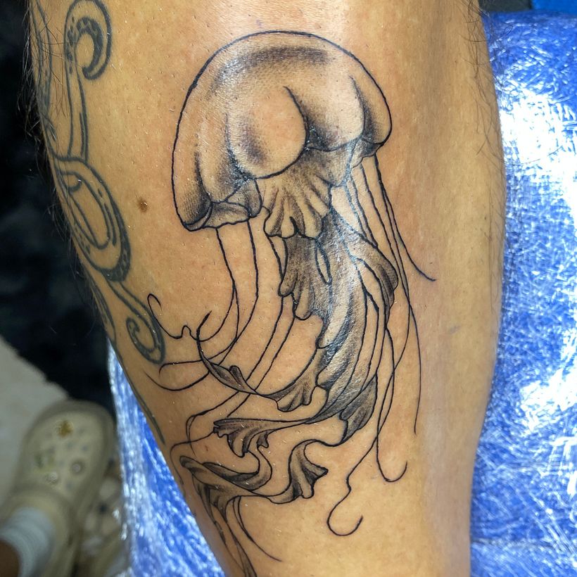 Jellyfish Flow – Tatuaje de medusa en estilo black and grey 1