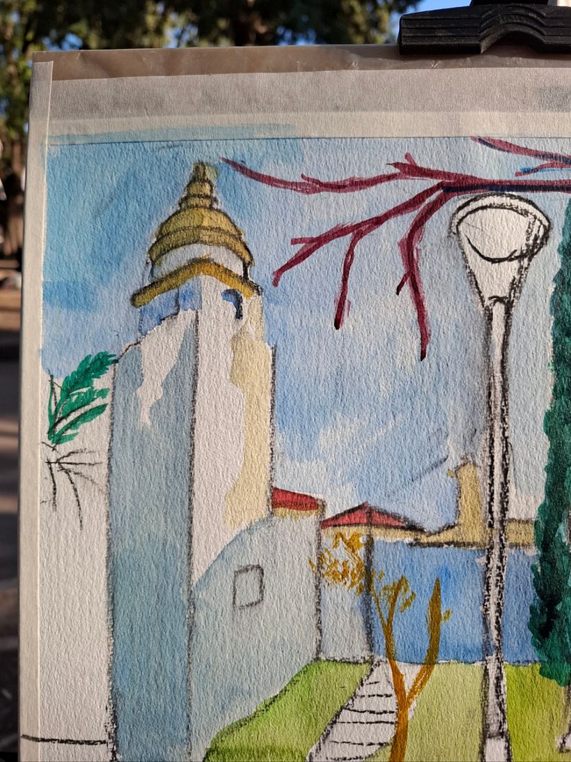 Acuarela al estilo impresionista: Pintura plen air de La Cúpula, Parque Ameghino, Luján, Bs.As. Argentina  1