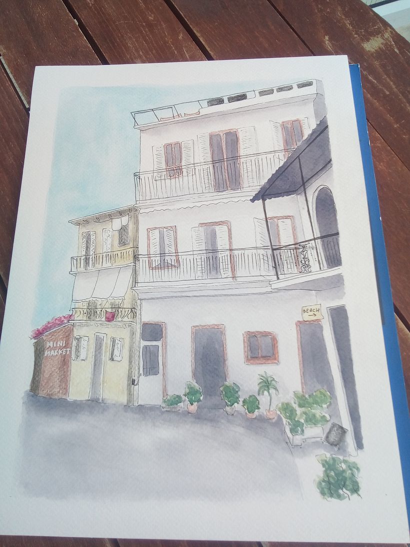 Architectural sketch with watercolor and ink, in Parga, Greece 1