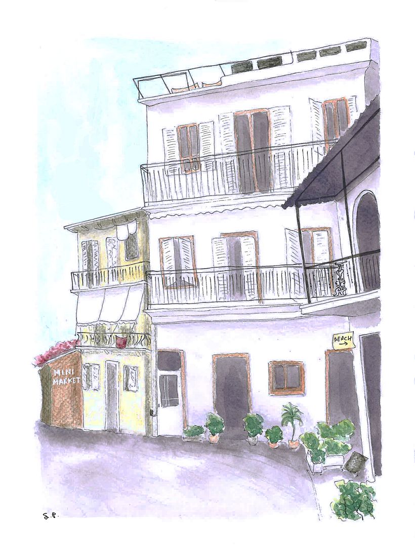 Architectural sketch with watercolor and ink, in Parga, Greece 1