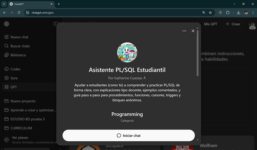 Asistente PL/SQL Estudiantil – GPT para aprender programación Oracle 1