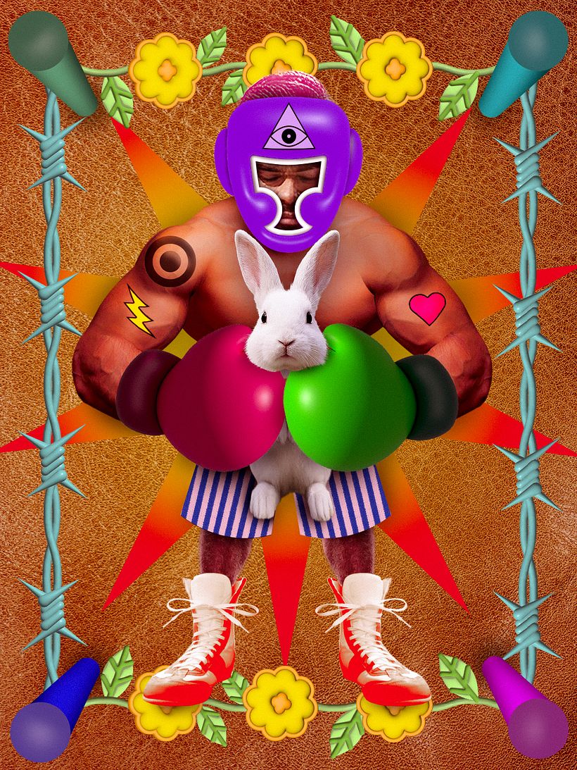Sweet Boxer, collage piece with photographic, 2D and 3D elements 1
