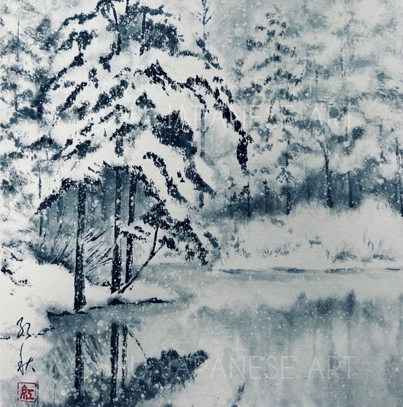 Online Sumi-e workshop "Snowy Forest" 1